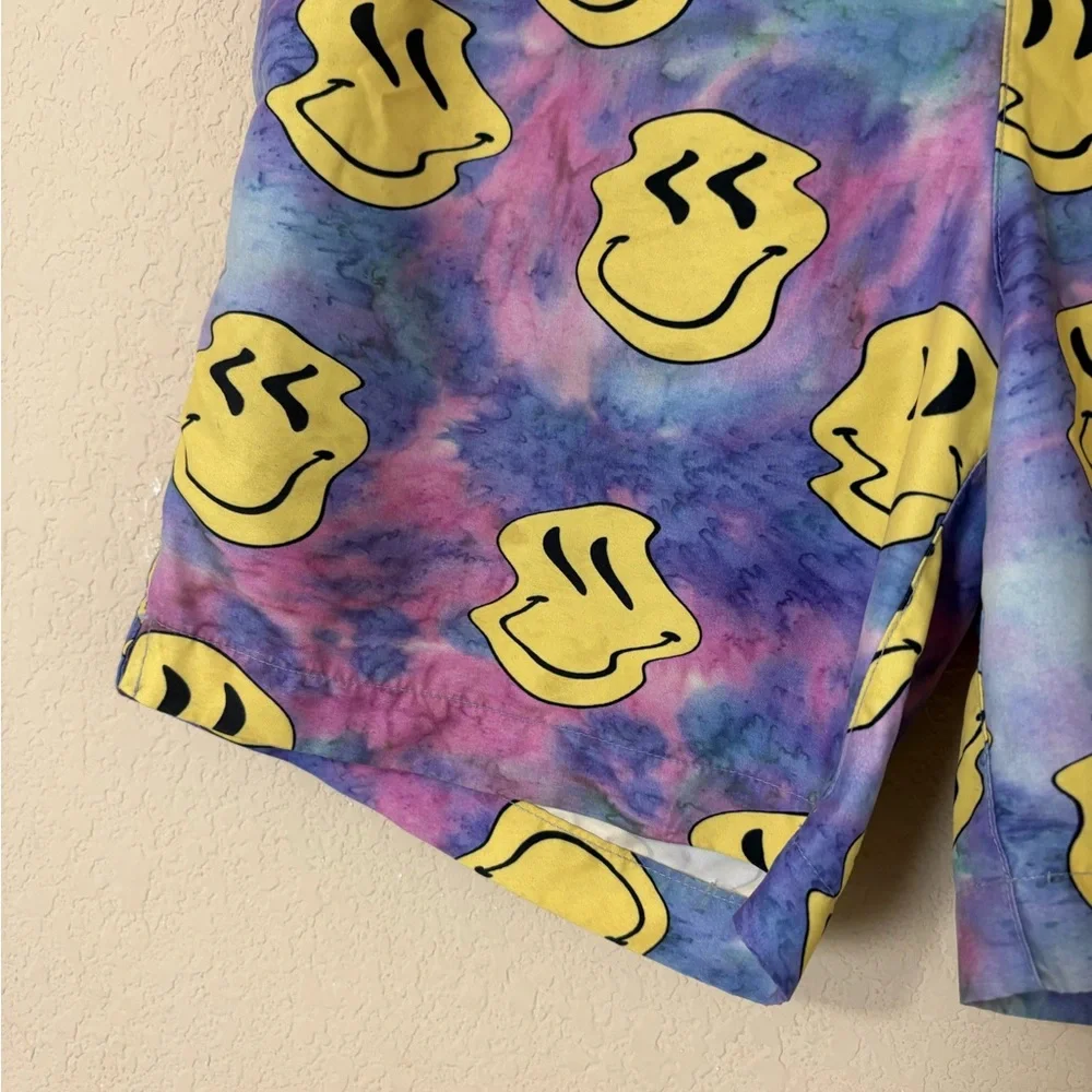 Pacsun Tie-Dye Wiggly Smile Face Swim Shorts in Yellow & Multicolor Size Small